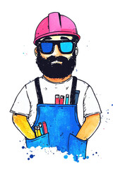 Bearded construction worker in pink hard hat and sunglasses, modern cartoon style, isolated on transparent background.
