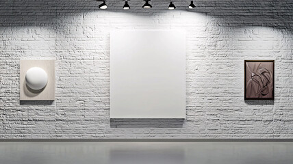 Canvas mockup on art gallery wall illuminated by spotlight for design placement