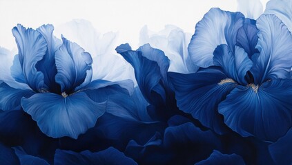 A close-up of blue irises, the petals and stamens glowing in shades of deep indigo to light sky blue, creating an ethereal effect that captures their elegance and beauty Generative AI
