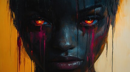 Fiery-eyed woman, dark, expressive, painted portrait.