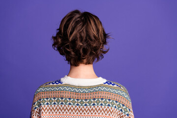 Rear view photo of lovely nice woman showing salon hairstyle isolated on purple color background