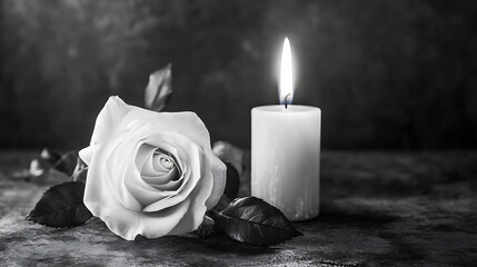 Monochrome image featuring a white rose beside a lit candle, evoking a serene mood for remembering and honoring lost loved ones