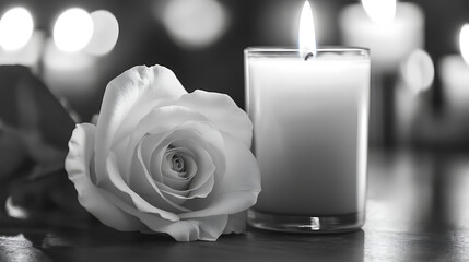 Monochrome image featuring a white rose beside a lit candle, evoking a serene mood for remembering and honoring lost loved ones