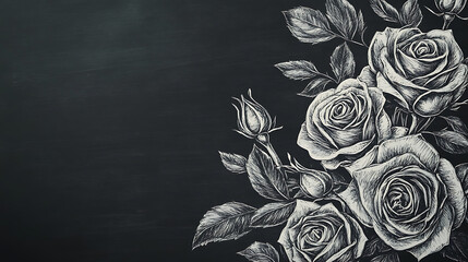 Monochrome hand-drawn floral illustration of roses on a chalkboard, evoking somber emotions suitable for funeral condolences and memorials