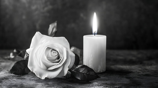 Monochrome image featuring a white rose beside a lit candle, evoking a serene mood for remembering and honoring lost loved ones