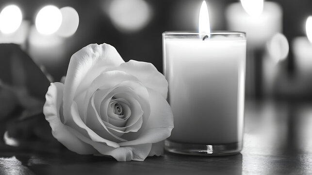 Monochrome image featuring a white rose beside a lit candle, evoking a serene mood for remembering and honoring lost loved ones