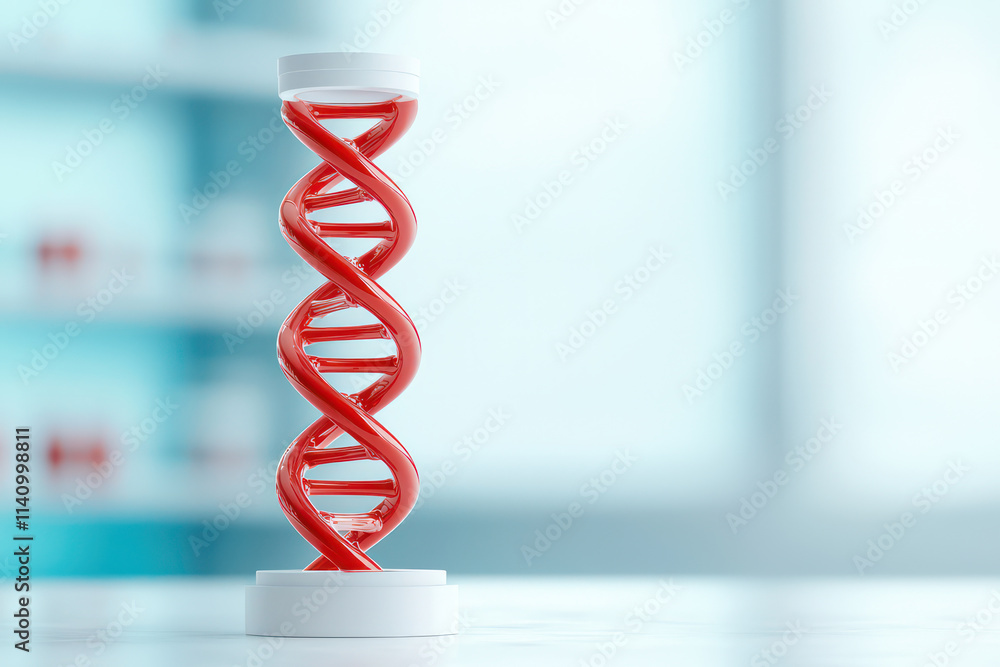 Poster close up of red dna model on white base, symbolizing genetics and science. background is softly blur