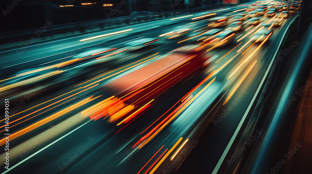 Poster motion blur effect of a car transporter trailer loaded with numerous cars on a highway