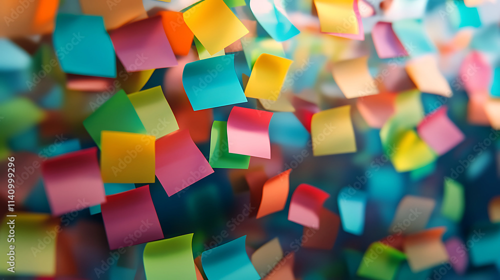 Poster multicolored sticky notes on a glass wall in a blurred office space, concept of brainstorming and wo
