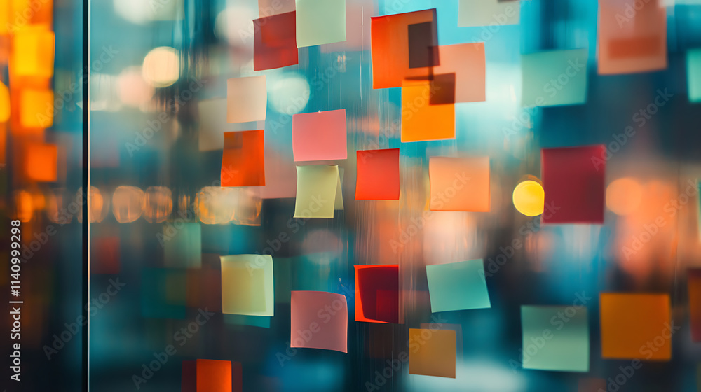 Aufkleber multicolored sticky notes on a glass wall in a blurred office space, concept of brainstorming and wo