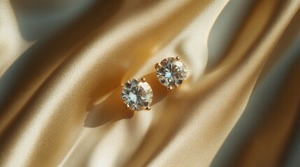 Elegant Gold Stud Earrings with Sparkling Gemstones on Silk Fabric