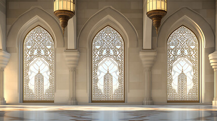 Obraz premium Muslim icons and ramadan kareem mosque graphics: oriental arches, doors, and windows