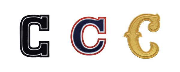 Letter C embroidery patches in various typographic styles isolated on transparent background