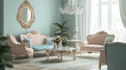 Elegant Vintage Living Room with Crystal Chandelier and Floral Decor