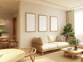 Fototapeta premium Modern Minimalist Living Room Interior Design with Wooden Furniture and Neutral Tones