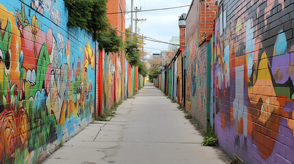 Fototapeta premium Narrow alleyway with buildings on either side is covered in colorful and artistic graffiti