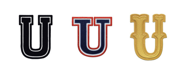Letter U embroidery patches in various typographic styles isolated on transparent background