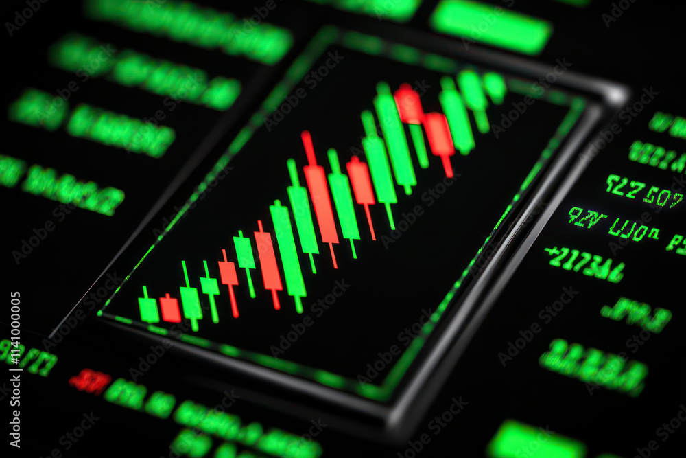Poster close up of computer screen displaying green and red candlestick charts, showcasing market trends an