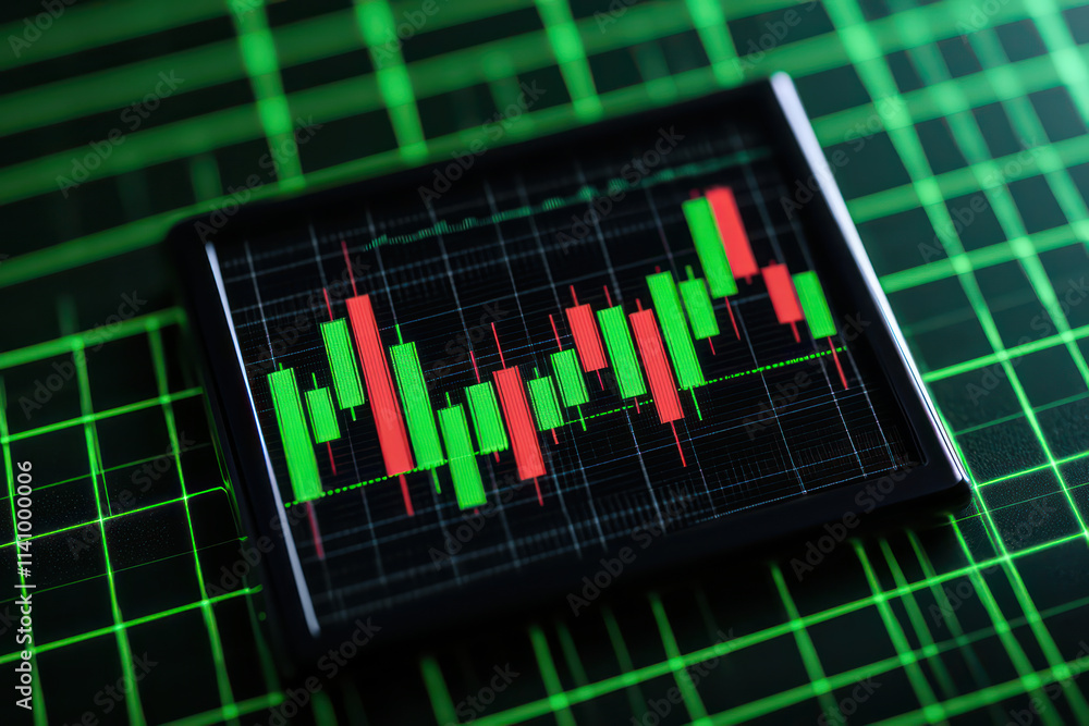 Poster close up of computer screen displaying green and red candlestick charts, showcasing market trends an