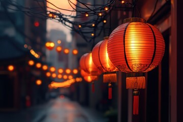 metropolitan street decor, colorful lanterns cascade joyfully in chinatown festival lights, creating a canopy of shadows and vivid hues, perfect for text