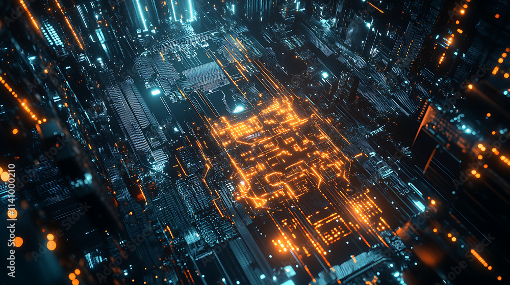 Poster Neural circuit and electronic cyber brain in a quantum computing system, concept of artificial intelligence technology, biotechnology