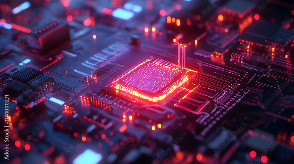 Fototapete neural circuit and electronic cyber brain in a quantum computing system, concept of artificial intel