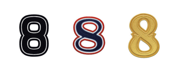 Number 8 embroidery patches in various typographic styles isolated on transparent background