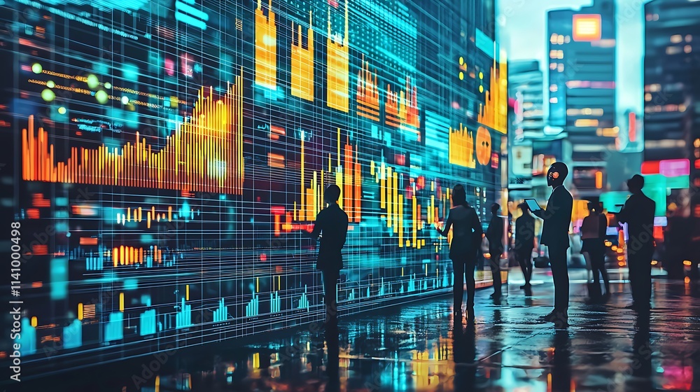 Poster silhouetted figures observing a large digital display showing financial data in a city at night.