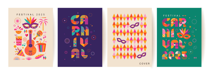 Set carnival flyers for festival 2025.Banner,invitation for holiday.Party cards to carnaval,mardi gras,masquerade, parade with fireworks, pattern, symbols of holiday. Template for design web. Vector