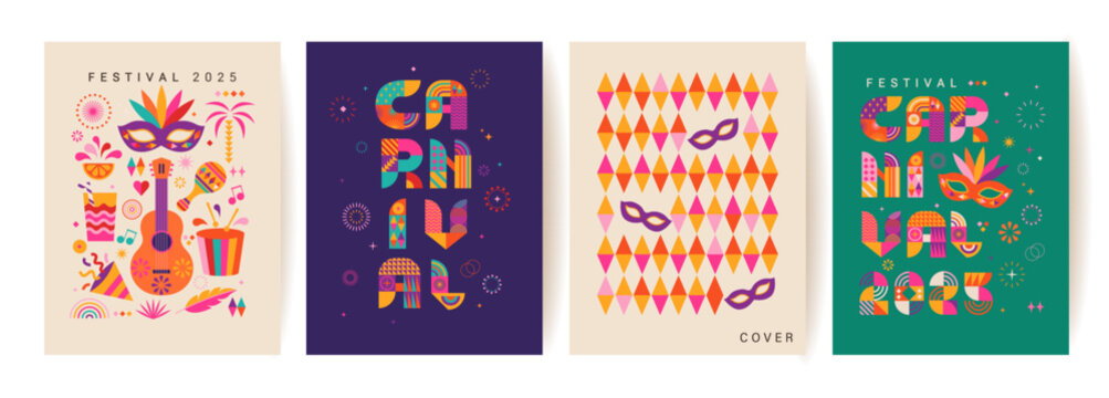 Set carnival flyers for festival 2025.Banner,invitation for holiday.Party cards to carnaval,mardi gras,masquerade, parade with fireworks, pattern, symbols of holiday. Template for design web. Vector