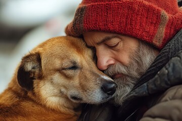 a man in a red hat and a dog