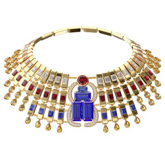 Luxurious necklace of diamonds, sapphires and rubies on isolated transparent background. Plastron in Egyptian style. Jewelry showcase. Close-up. 3d rendering.