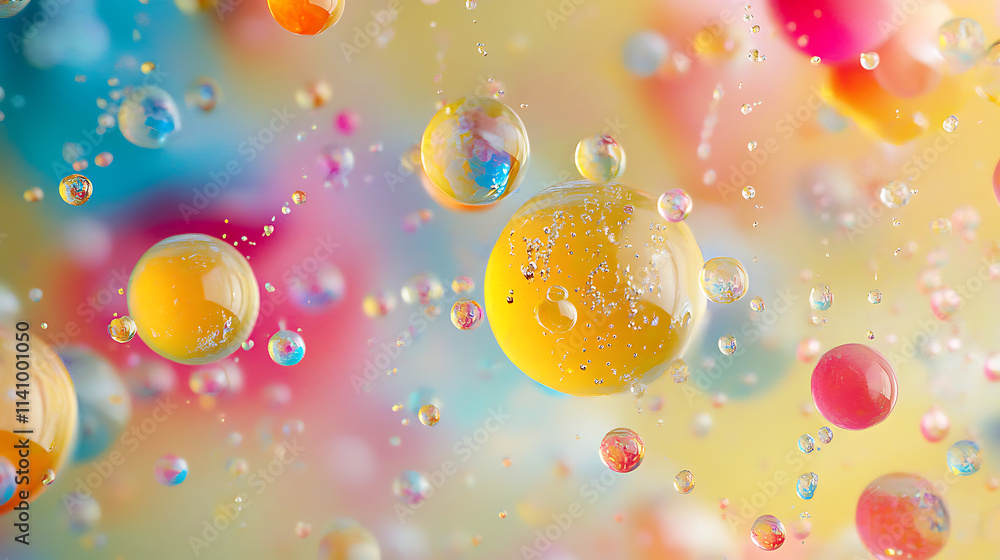 Aufkleber Oil droplets floating in yellow liquid, the image showcases a vibrant and dynamic abstract pattern with bubbles