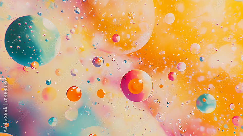 Poster Oil droplets floating in yellow liquid, the image showcases a vibrant and dynamic abstract pattern with bubbles