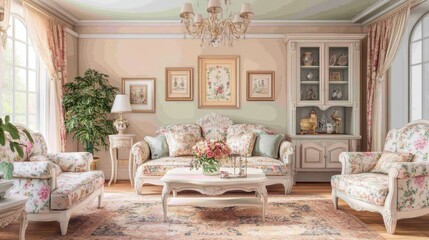 Elegant Floral Living Room Design with Chic Furniture and Decor