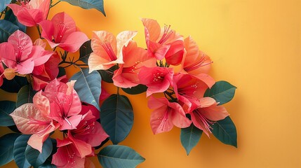 Vibrant Bougainvillea Flowers on Yellow Background, Close-up Floral Photography, Pink and Orange Blossoms with Green Leaves, Tropical Spring Bloom, Natural Light, Horizontal Format with Copy Space.

