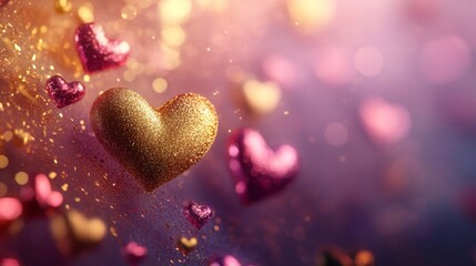 Fototapeta premium Glittering Gold And Pink Hearts Romantic Background