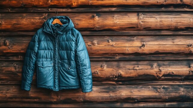 Stylish Blue Puffer Jacket Hanging on Wooden Wall in Cozy Cabin