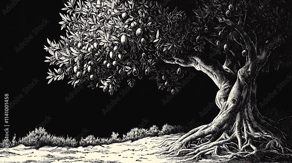 Poster olive tree full of ripe olives, set in a serene landscape with intricate root system and foliage ske
