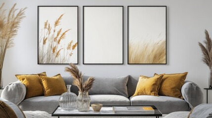 Serene Living Room Decor with Pampas Grass Prints