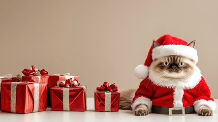 Grumpy-looking cat in a Santa suit, sitting near a pile of festive wrapped gifts.