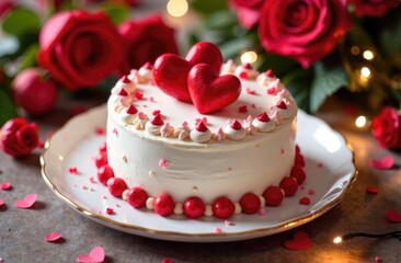 Bento cake and roses, close up. St. Valentine's day surprise