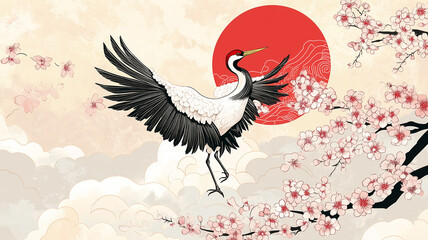 鶴と桜と日の丸の和風イラスト