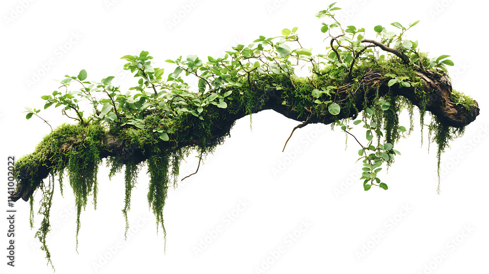 Poster one single green tropical jungle tree branch with moss and vines isolated on white background