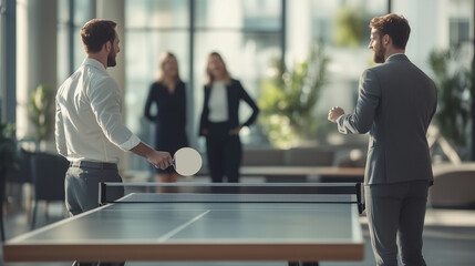 Two coworkers playing a game of ping-pong during an office break, emphasizing teamwork, relaxation, and modern workplace culture. Image made using Generative AI