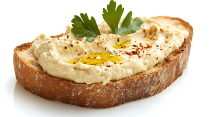 One single toast bread with creamy hummus with oil and spices isolated on white background