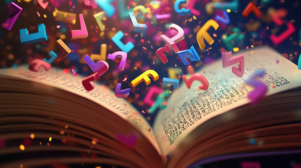 Fototapeta premium Open book with flying colorful letters and digits, dyslexia concept