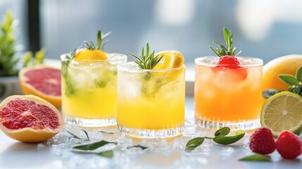Fototapeta premium Colorful Cocktails with Fresh Fruits and Herbs on a Bright Tabletop