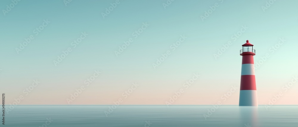 Poster digital illustration of a lighthouse in the middle of the ocean. the lighthouse is red and white str