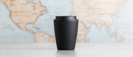 Black travel mug with a lid on a white surface. the mug is cylindrical in shape and appears to be made of plastic.